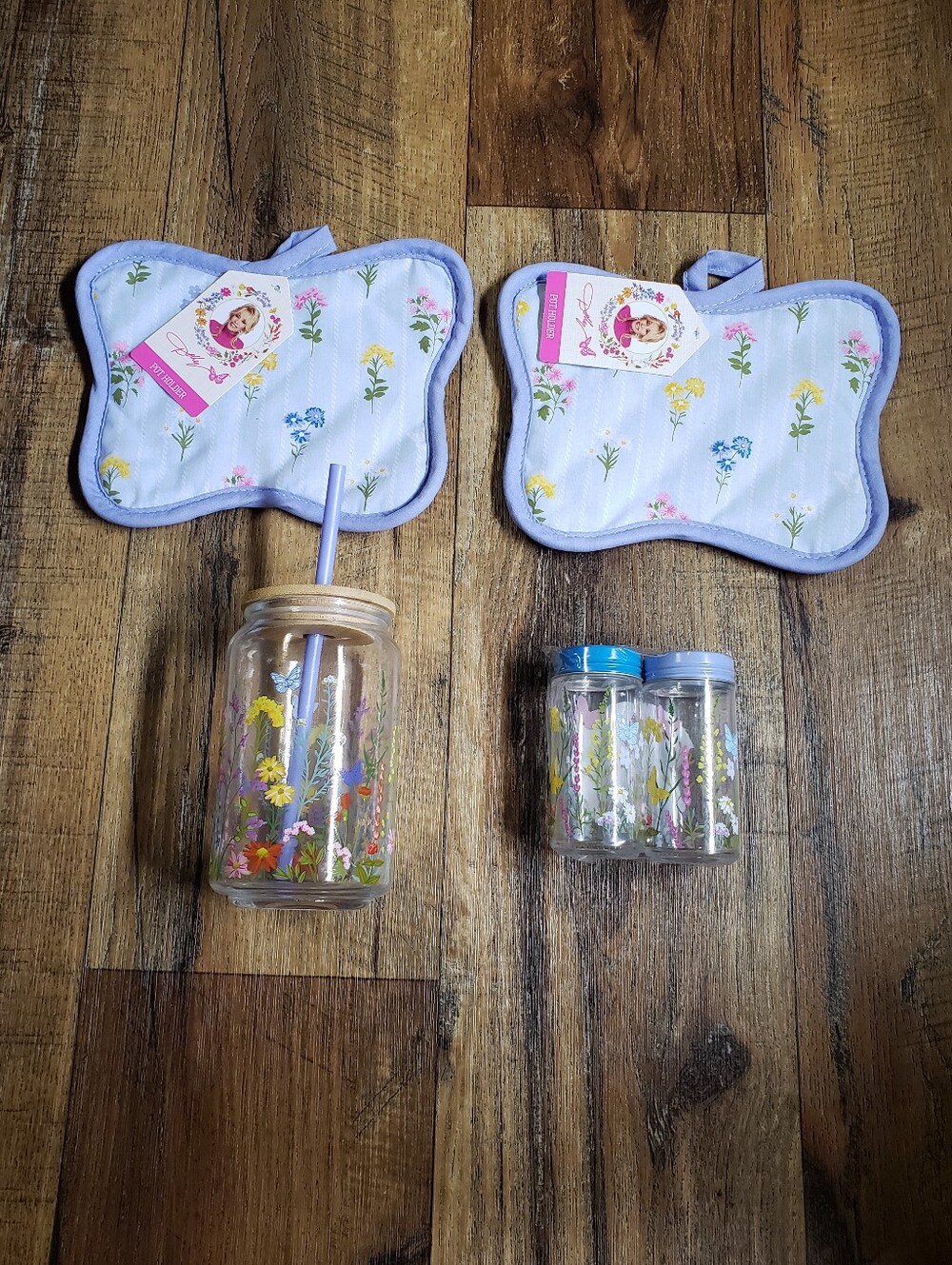 Dolly Parton Wildflower Pattern Mixed Bundle- SpiceJars,GlassTumbler,Pot Holders